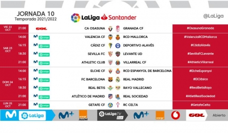 Horarios correspondientes a la décima jornada de liga (LALIGA) Horarios correspondientes a la décima jornada de liga (LALIGA)