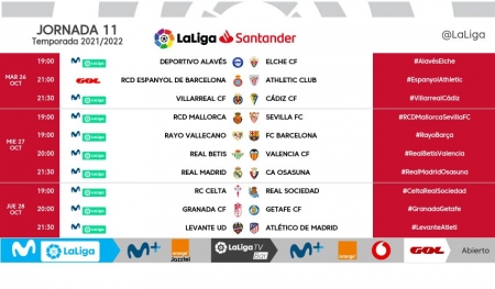 Horarios correspondientes a la undécima jornada de liga (LALIGA) Horarios correspondientes a la undécima jornada de liga (LALIGA)