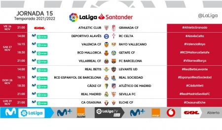 Horarios correspondientes a la jornada 15 de LaLiga Santander (LALIGA) Horarios correspondientes a la jornada 15 de LaLiga Santander (LALIGA)