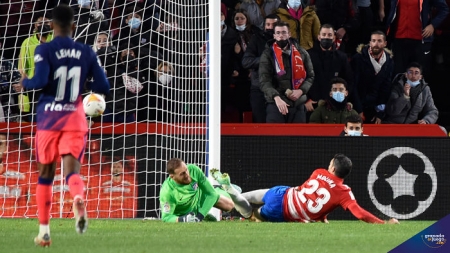 Momento en el que Jorge Molina marcó el segundo gol del Granada contra el Atleti (JOSÉ M. BALDOMERO) Momento en el que Jorge Molina marcó el segundo gol del Granada contra el Atleti (JOSÉ M. BALDOMERO)
