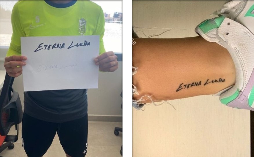 Luis Milla sostiene el escrito (izq.) que, posteriormente, se tatuó María (der.)