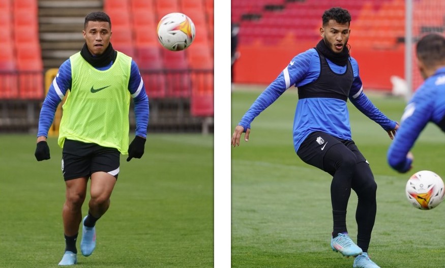 Machís y Luis Suárez, durante el entrenamiento de este viernes en el `Nuevo Los Cármenes` (PEPE VILLOSLADA / GCF)