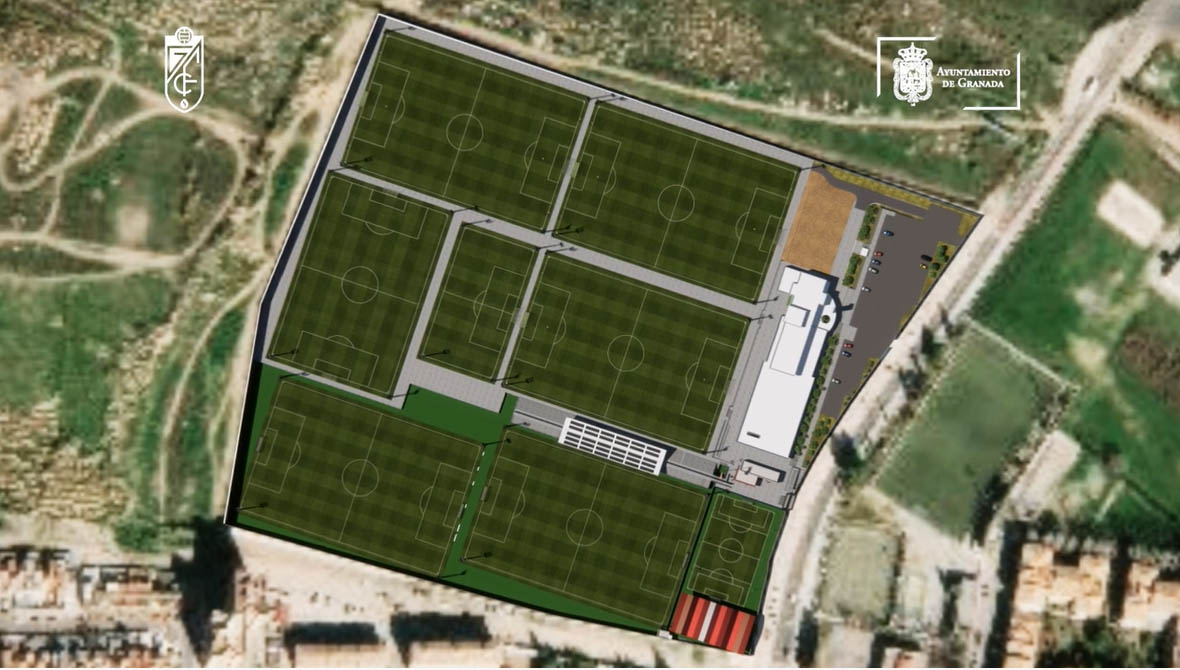 Así quedará la Ciudad Deportiva del Granada CF con los tres nuevos campos de fútbol y la pista polideportiva en la parte de abajo (GCF)