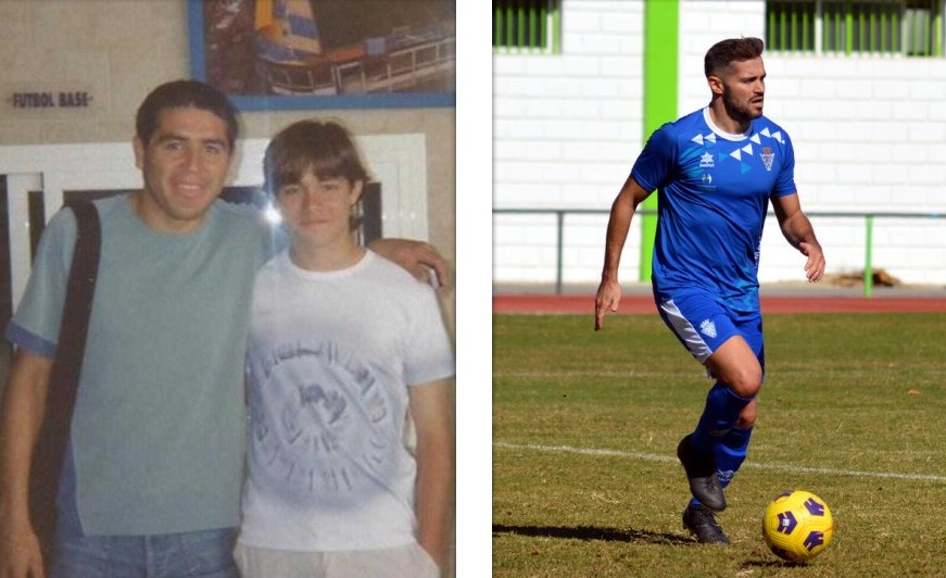 Javi Gallo, jugador del Maracena. En la imagen izquierda, posa de joven en su etapa en Villarreal junto a Juan Román Riquelme 