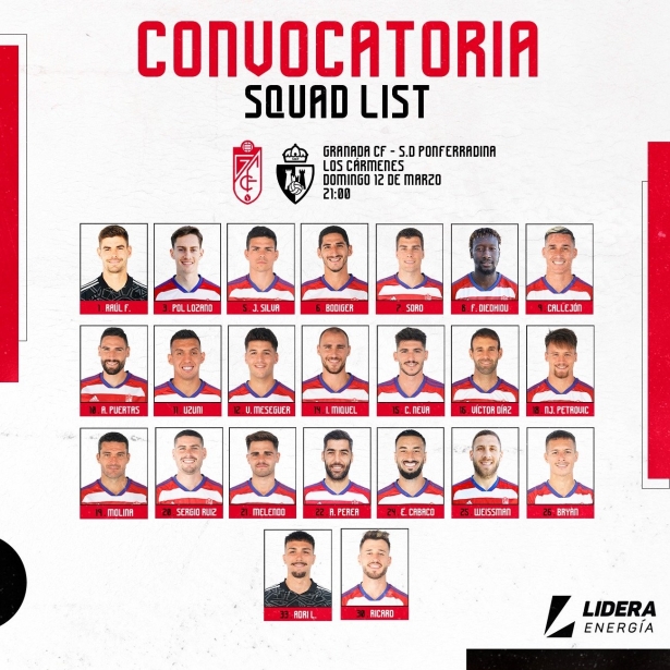 Lista de 23 jugadores para medirse a la Ponfe (@GranadaCF) Lista de 23 jugadores para medirse a la Ponfe (@GranadaCF)