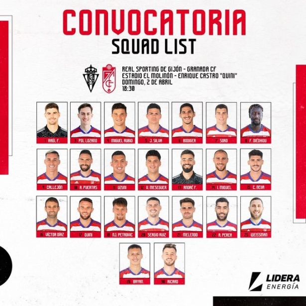 Lista de 23 jugadores para visitar al Sporting (@GranadaCF) Lista de 23 jugadores para visitar al Sporting (@GranadaCF)
